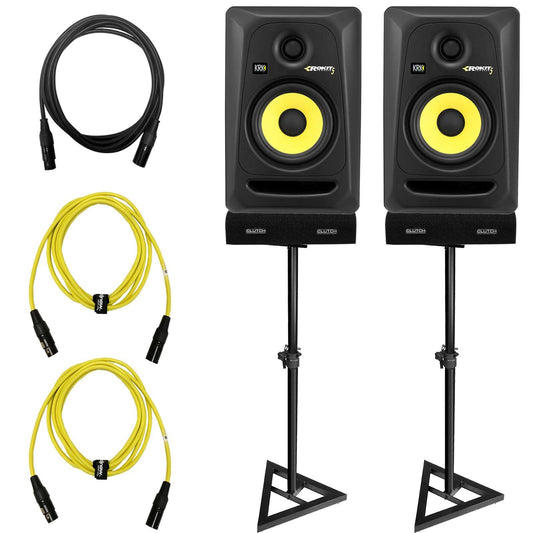 (2) Krk Rokit 5 G4 Rp5g4 5 Powered Studio Monitors With Stands & Yellow Cables Package