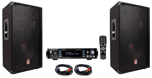 (2) Rockville Rsg12.4 12 3-Way 1000w Dj Pa Speakers+Bluetooth Amplifier+Cables